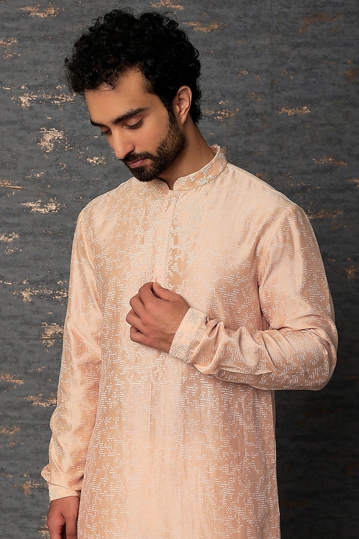 Pink Chanderi Block Printed & Embroidered Kurta Set by Countrymade at Pernia's Pop Up Shop