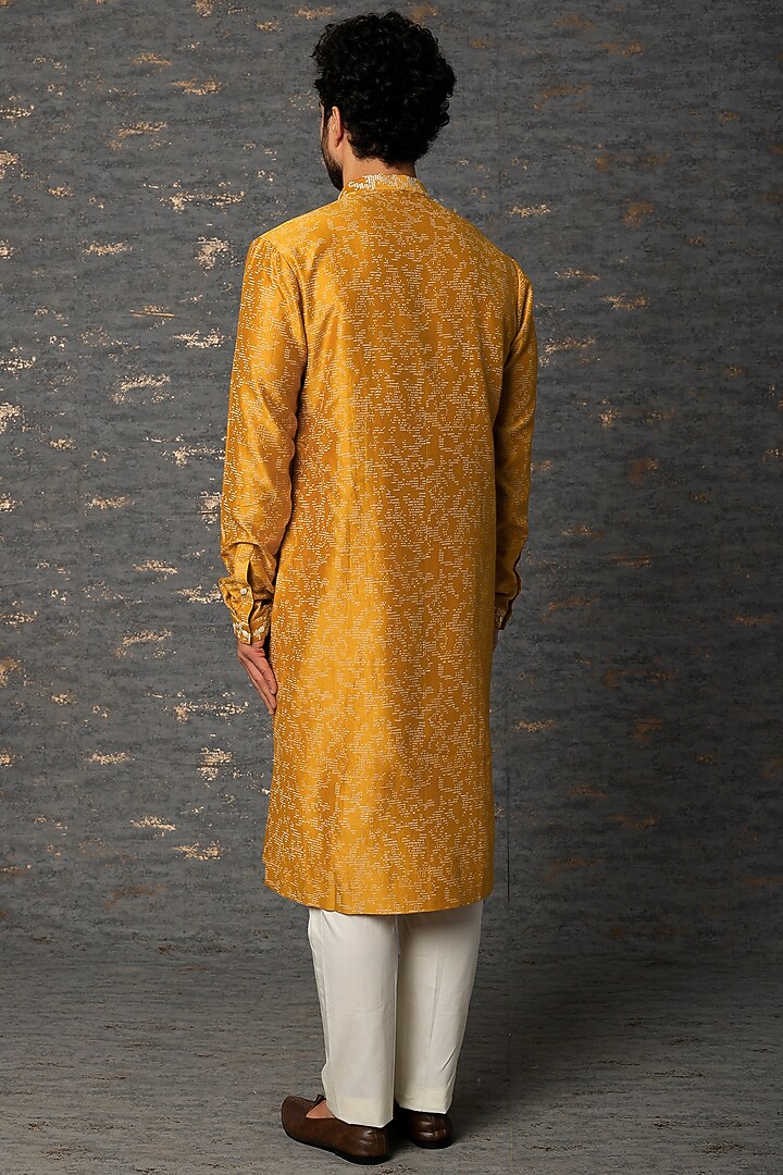 Mustard Chanderi Block Printed & Embroidered Kurta Set by Countrymade at Pernia's Pop Up Shop