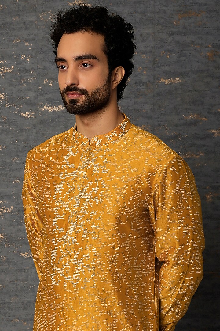 Mustard Chanderi Block Printed & Embroidered Kurta Set by Countrymade at Pernia's Pop Up Shop