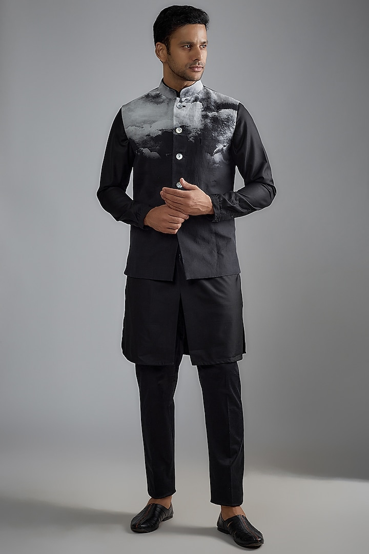 Navy Blue Cotton Silk Nehru Jacket by Countrymade