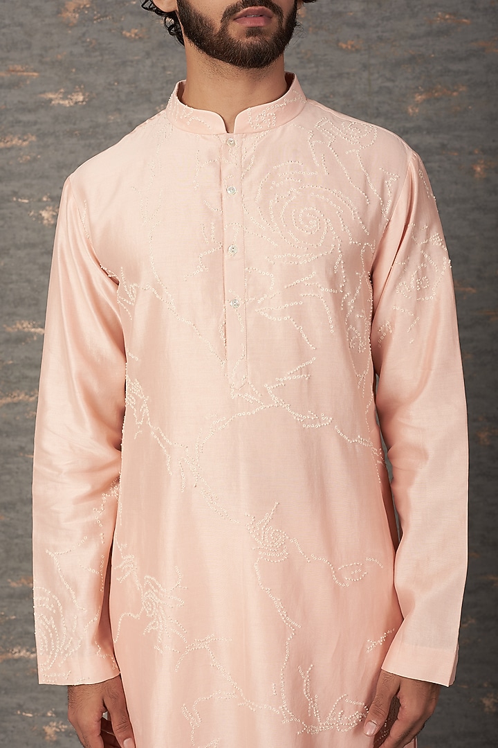 Blush Pink Chanderi Embroidered Kurta Set by Countrymade at Pernia's Pop Up Shop