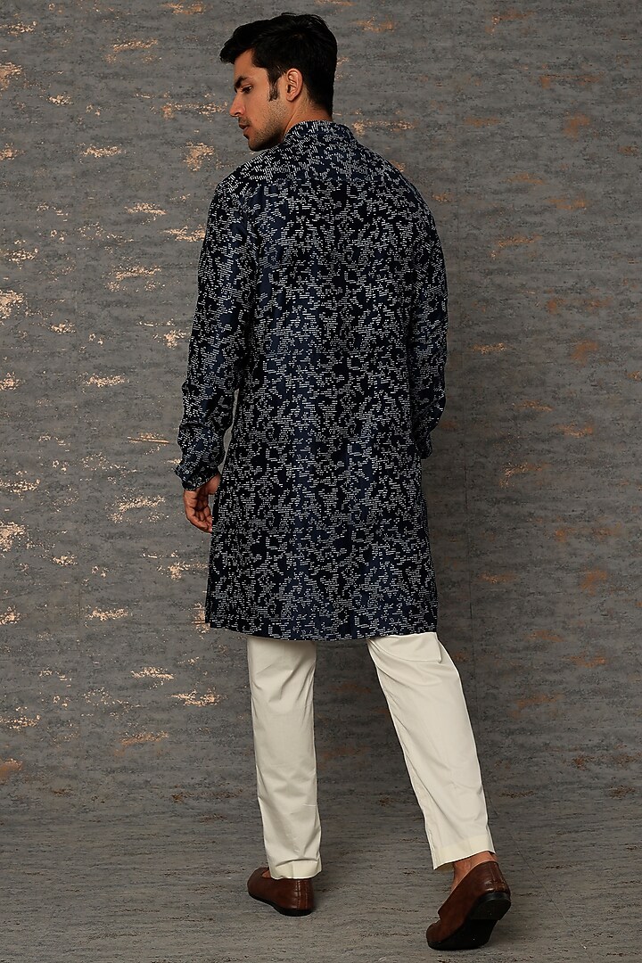 Midnight Blue Chanderi Block Printed Kurta Set by Countrymade at Pernia's Pop Up Shop