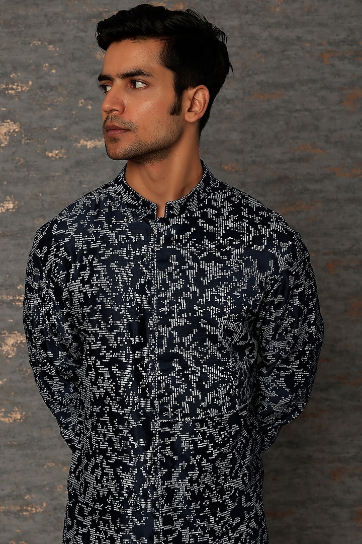Midnight Blue Chanderi Block Printed Kurta Set by Countrymade at Pernia's Pop Up Shop