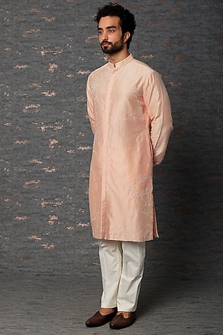 Pink Chanderi Embroidered Kurta Set by Countrymade