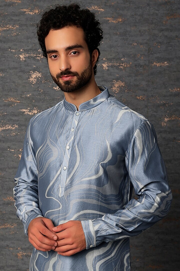 Blue Chanderi Printed Kurta Set by Countrymade at Pernia's Pop Up Shop