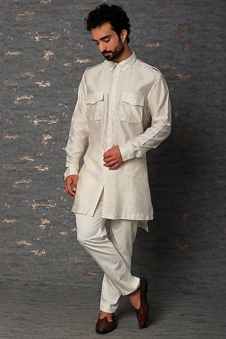 White Cotton Chanderi Printed Pathani Kurta by Countrymade