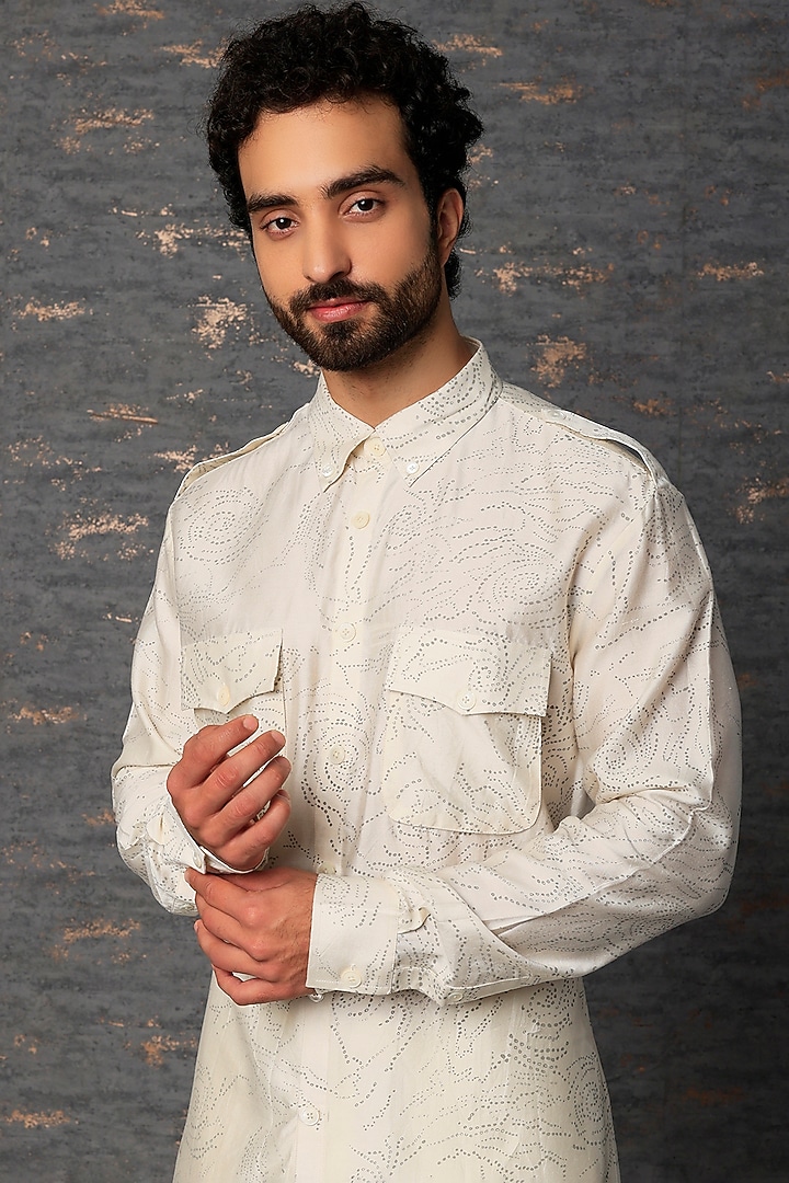 White Cotton Chanderi Printed Pathani Kurta by Countrymade at Pernia's Pop Up Shop