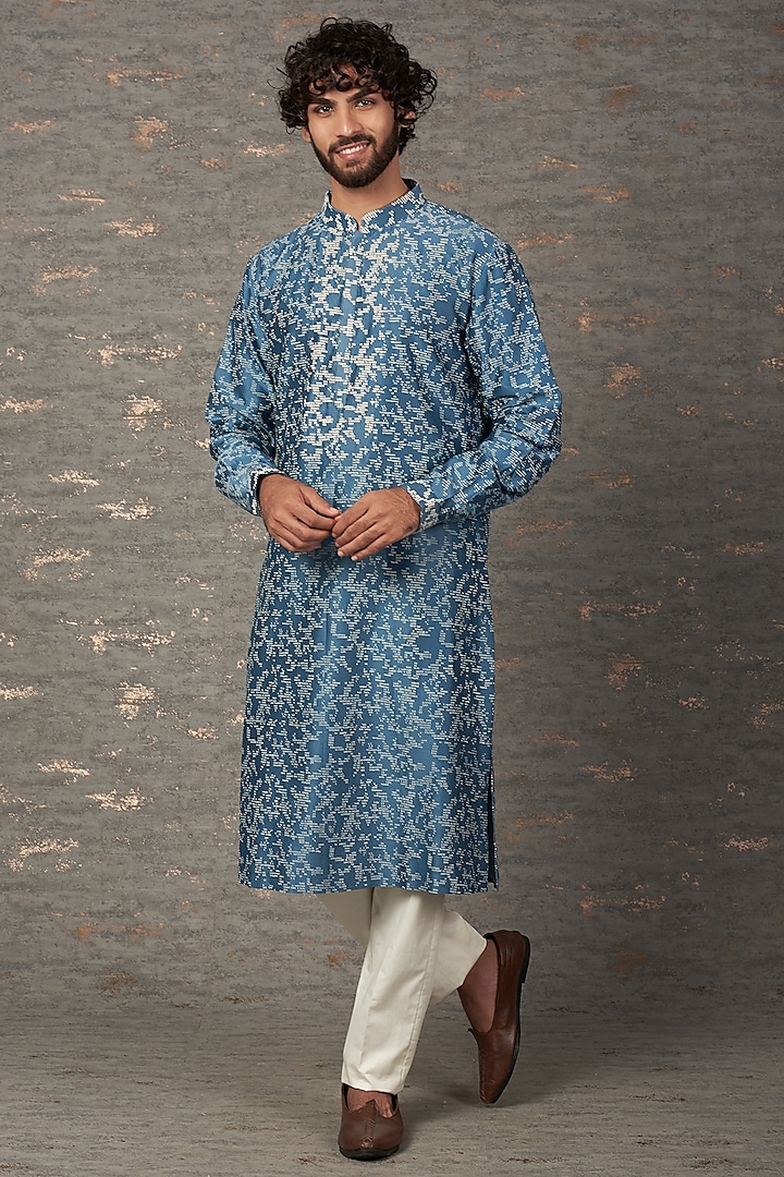 Blue Printed & Embroidered Kurta Set by Countrymade