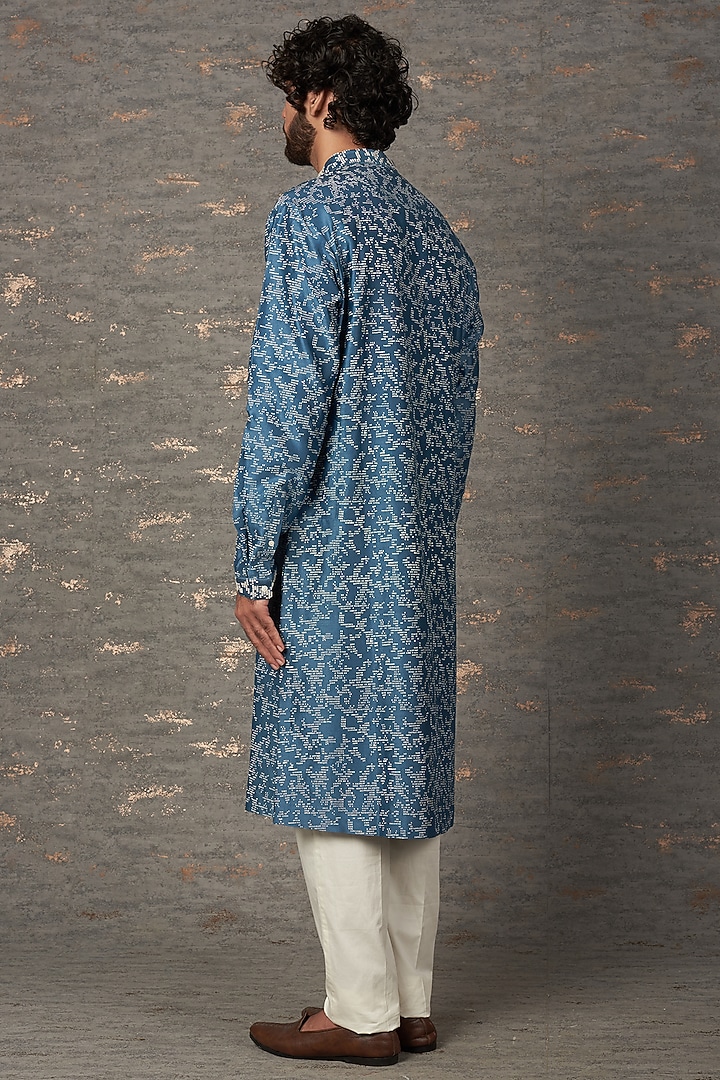 Blue Chanderi Block Printed & Embroidered Kurta Set by Countrymade at Pernia's Pop Up Shop