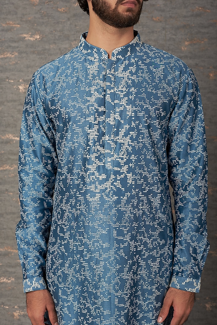 Blue Chanderi Block Printed & Embroidered Kurta Set by Countrymade at Pernia's Pop Up Shop