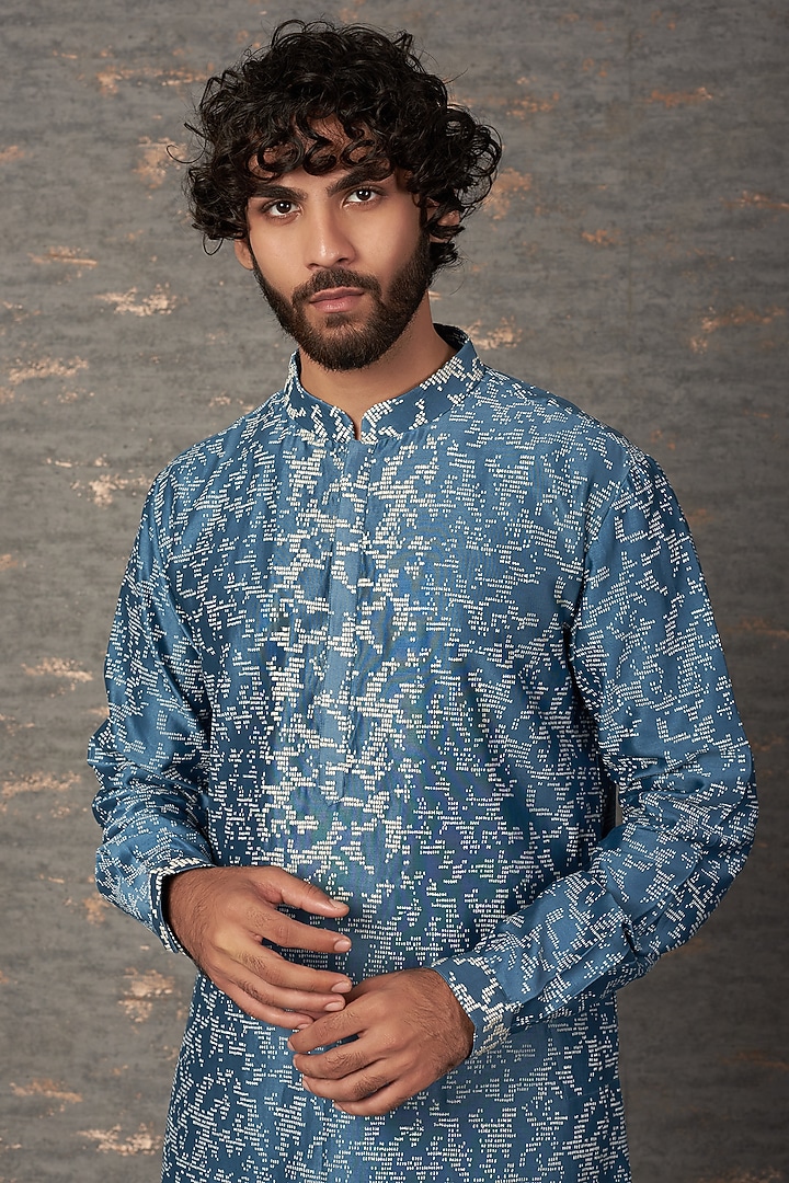 Blue Chanderi Block Printed & Embroidered Kurta Set by Countrymade at Pernia's Pop Up Shop
