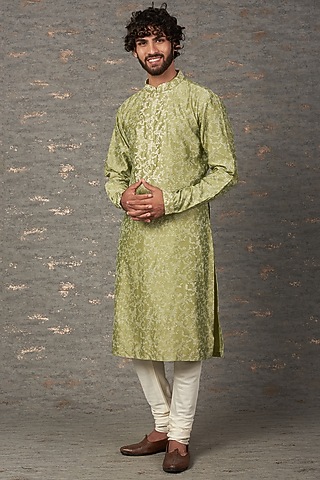 Mehendi Green Chanderi Block Printed & Embroidered Kurta Set by Countrymade