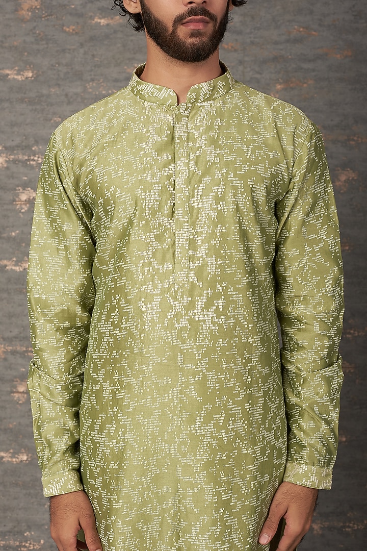Mehendi Green Chanderi Block Printed & Embroidered Kurta Set by Countrymade at Pernia's Pop Up Shop