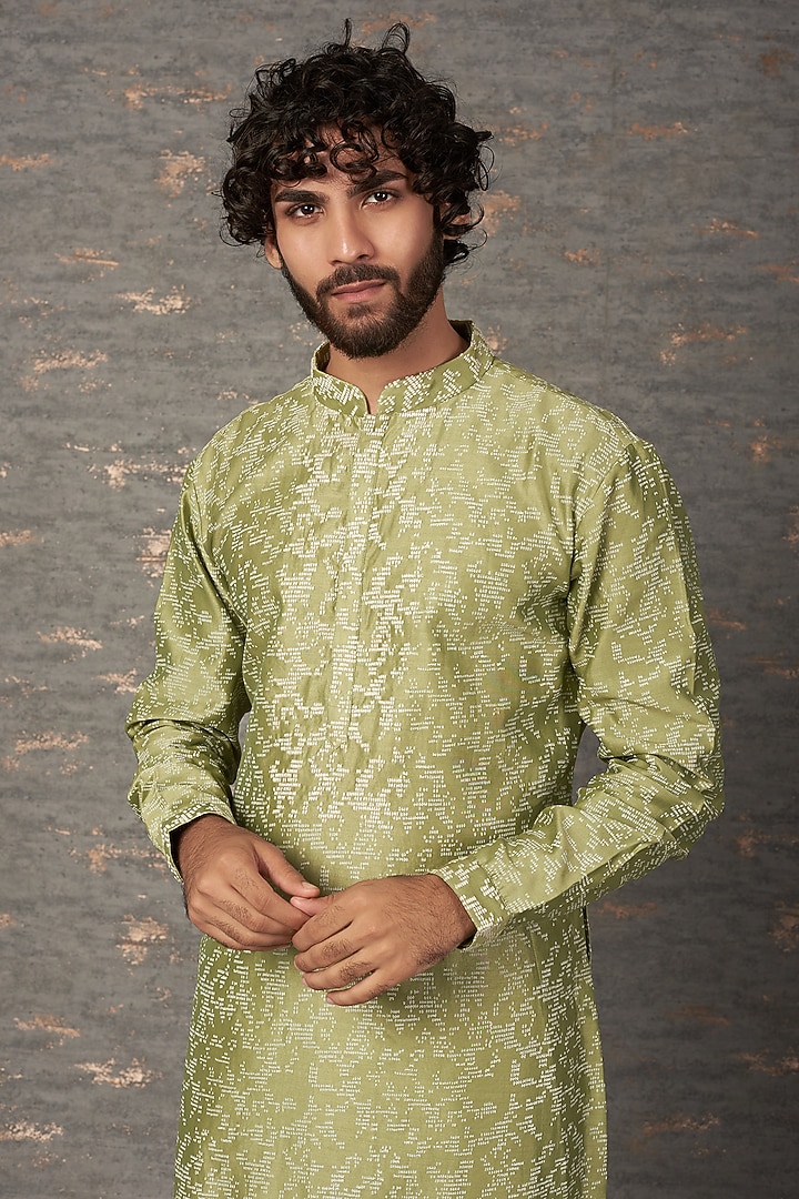Mehendi Green Chanderi Block Printed & Embroidered Kurta Set by Countrymade at Pernia's Pop Up Shop