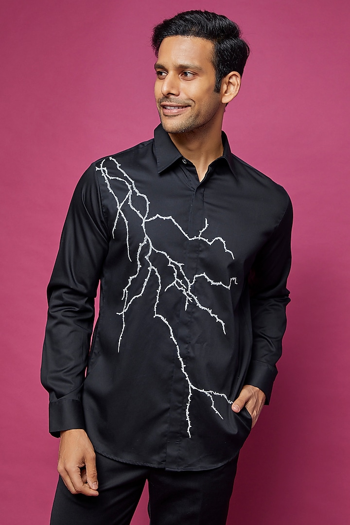 Black Cotton Satin Embroidered Party Wear Shirt by Countrymade at Pernia's Pop Up Shop