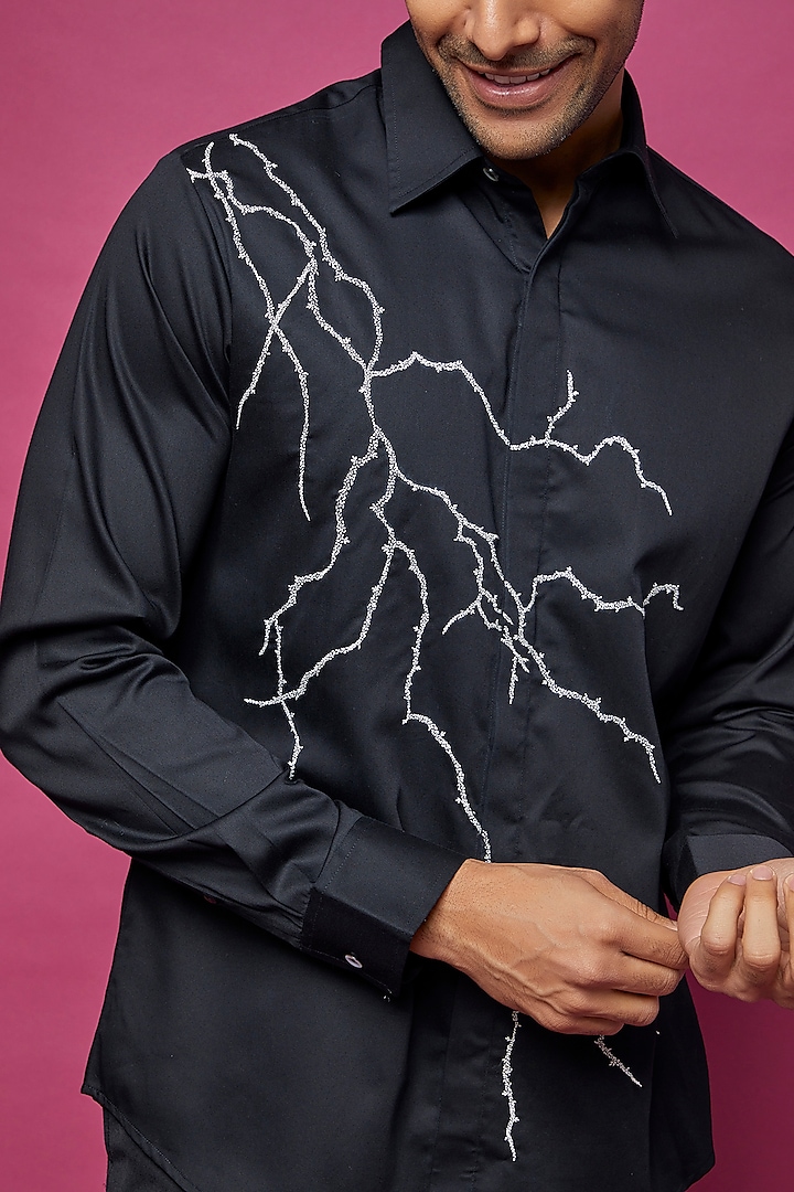 Black Cotton Satin Embroidered Party Wear Shirt by Countrymade at Pernia's Pop Up Shop