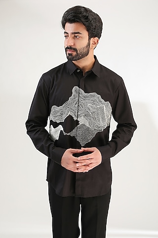 Black Linen Hand Embroidered Shirt by Countrymade
