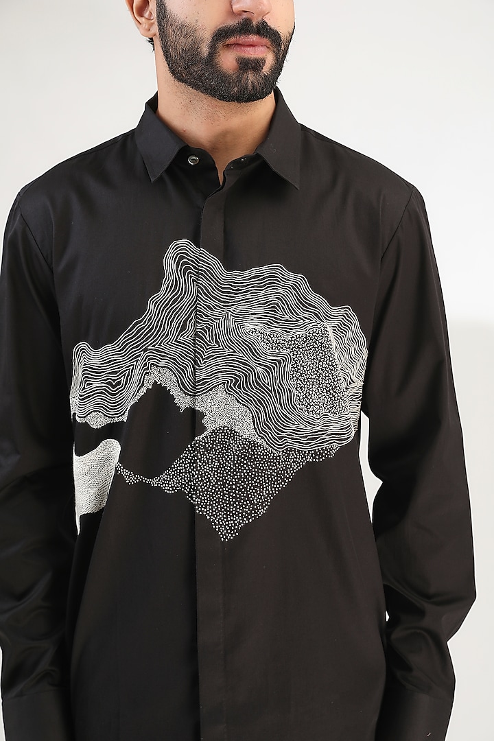 Black Linen Hand Embroidered Party Wear Shirt by Countrymade at Pernia's Pop Up Shop