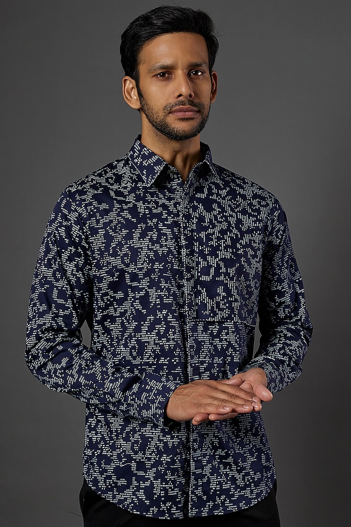 Blue Printed Cotton Shirt by Countrymade