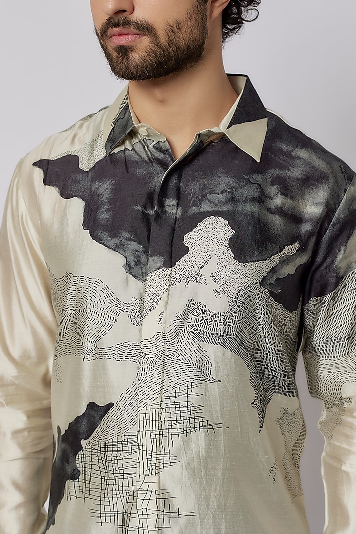 Ivory Silk Printed Wedding Shirt by Countrymade at Pernia's Pop Up Shop
