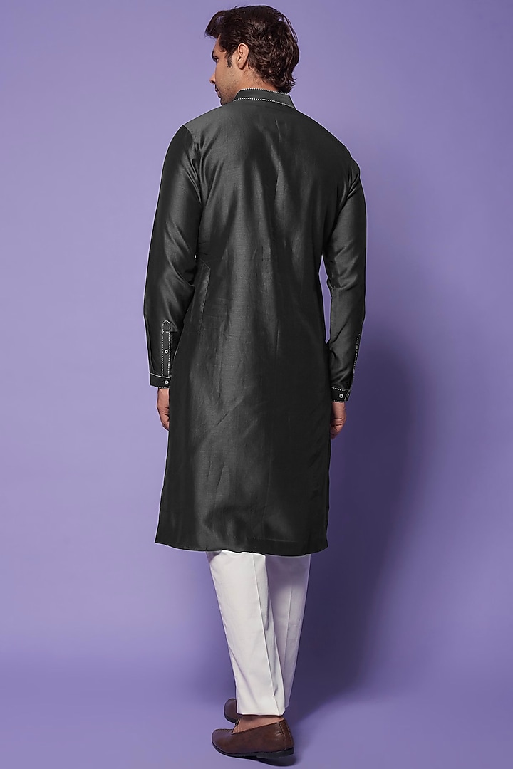 Black Chanderi Hand Embroidered Kurta Set by Countrymade at Pernia's Pop Up Shop