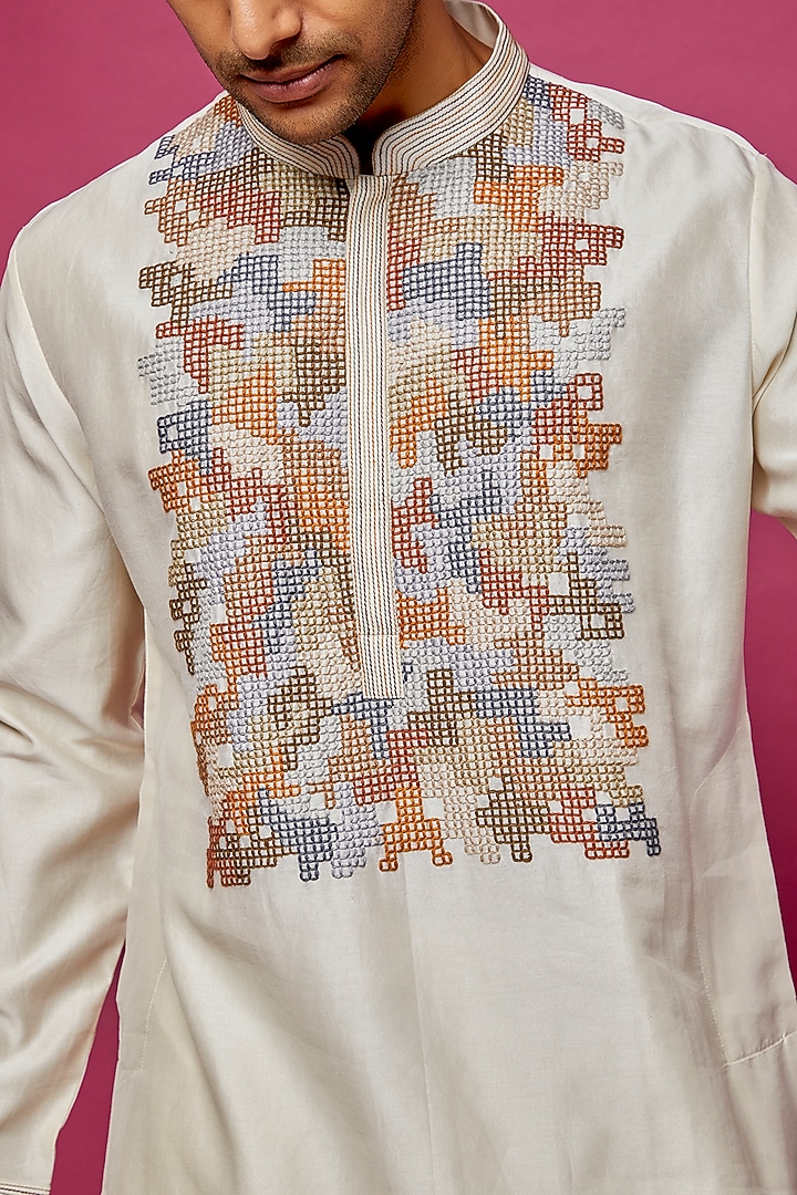 Ivory Cotton Silk Embroidered Kurta Set by Countrymade at Pernia's Pop Up Shop