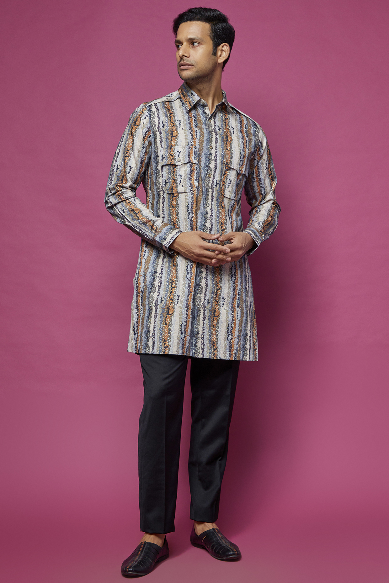 Multi-Colored Cotton Silk Printed & Embroidered Kurta by Countrymade