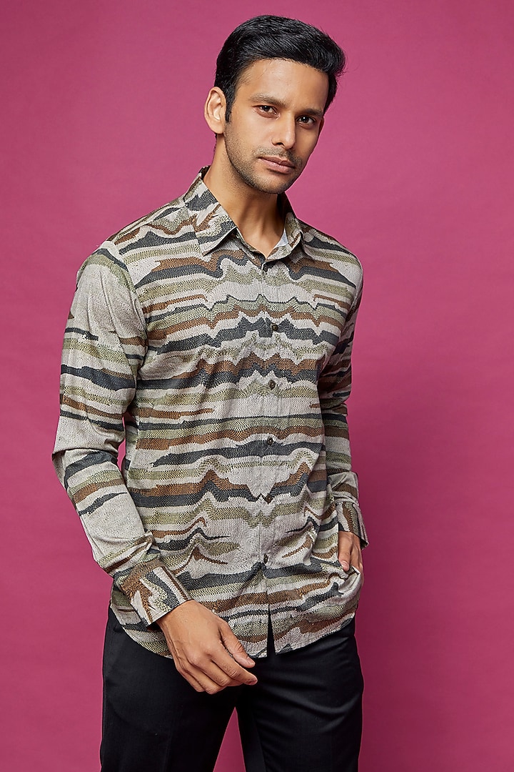 Multi-Colored Cotton Satin Printed Shirt by Countrymade