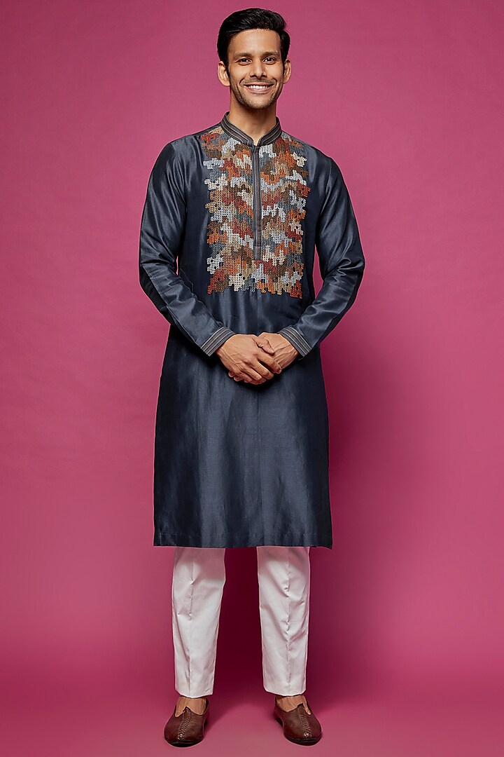 Navy Blue Chanderi Embroidered Kurta Set by Countrymade