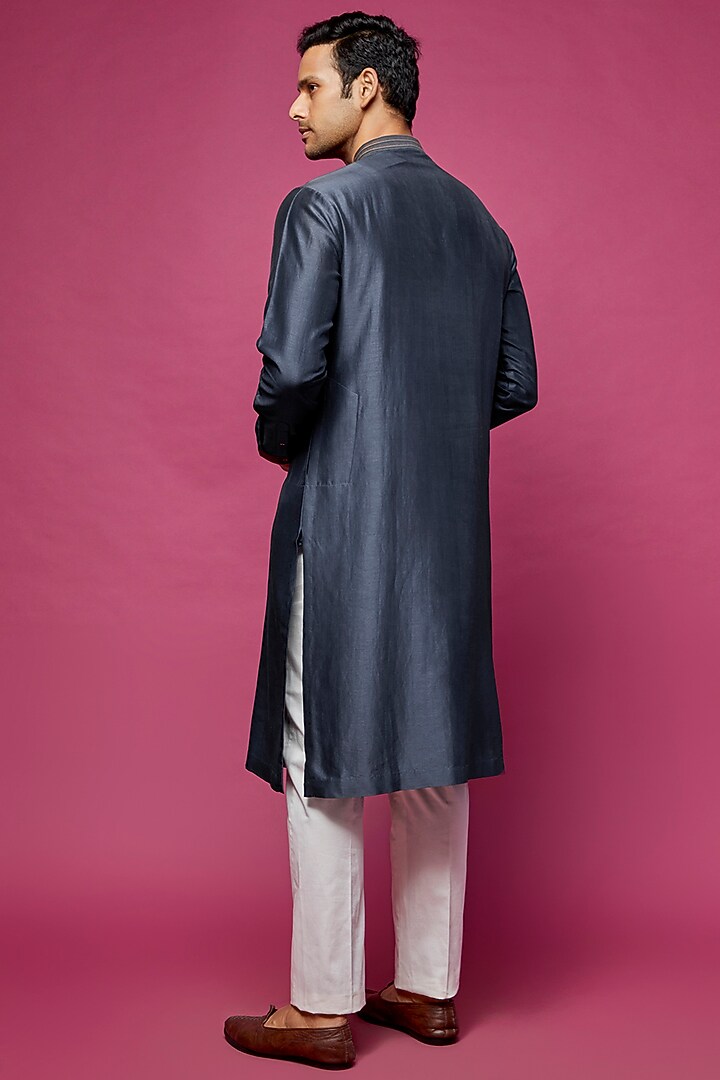 Navy Blue Chanderi Embroidered Kurta Set by Countrymade at Pernia's Pop Up Shop