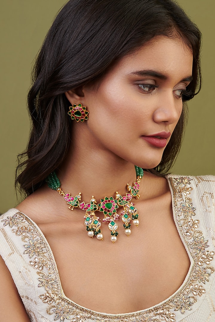 Gold Plated Kundan Polki & Jadau Necklace Set by Curio Cottage at Pernia's Pop Up Shop