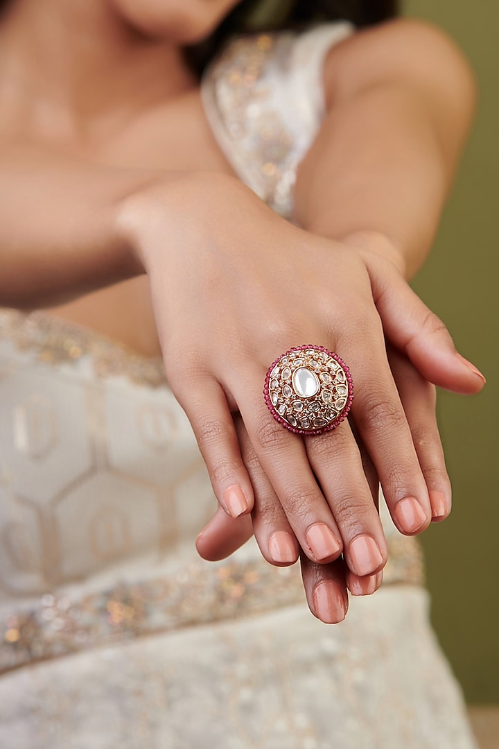 Gold Plated Kundan Polki & Red Crystalline Ring by Curio Cottage at Pernia's Pop Up Shop