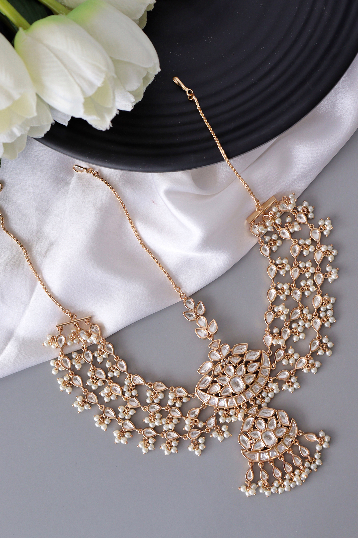 Rose Gold Plated Kundan Polki Mathapatti by Curio Cottage