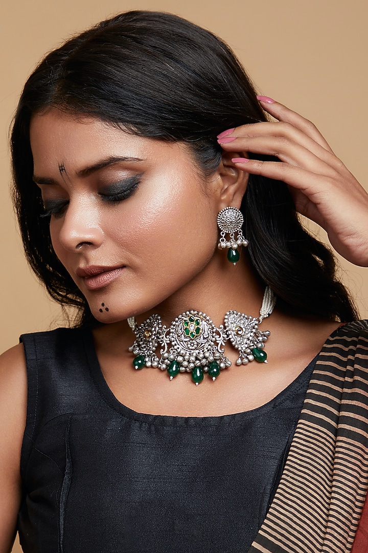 Two-Tone Finish Green Semi-Precious Stone Choker Necklace Set by Curio Cottage at Pernia's Pop Up Shop