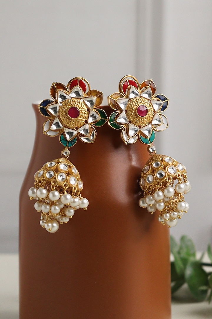 Gold Plated Kundan Polki & Pearl Jhumka Chandelier Earrings by Curio Cottage