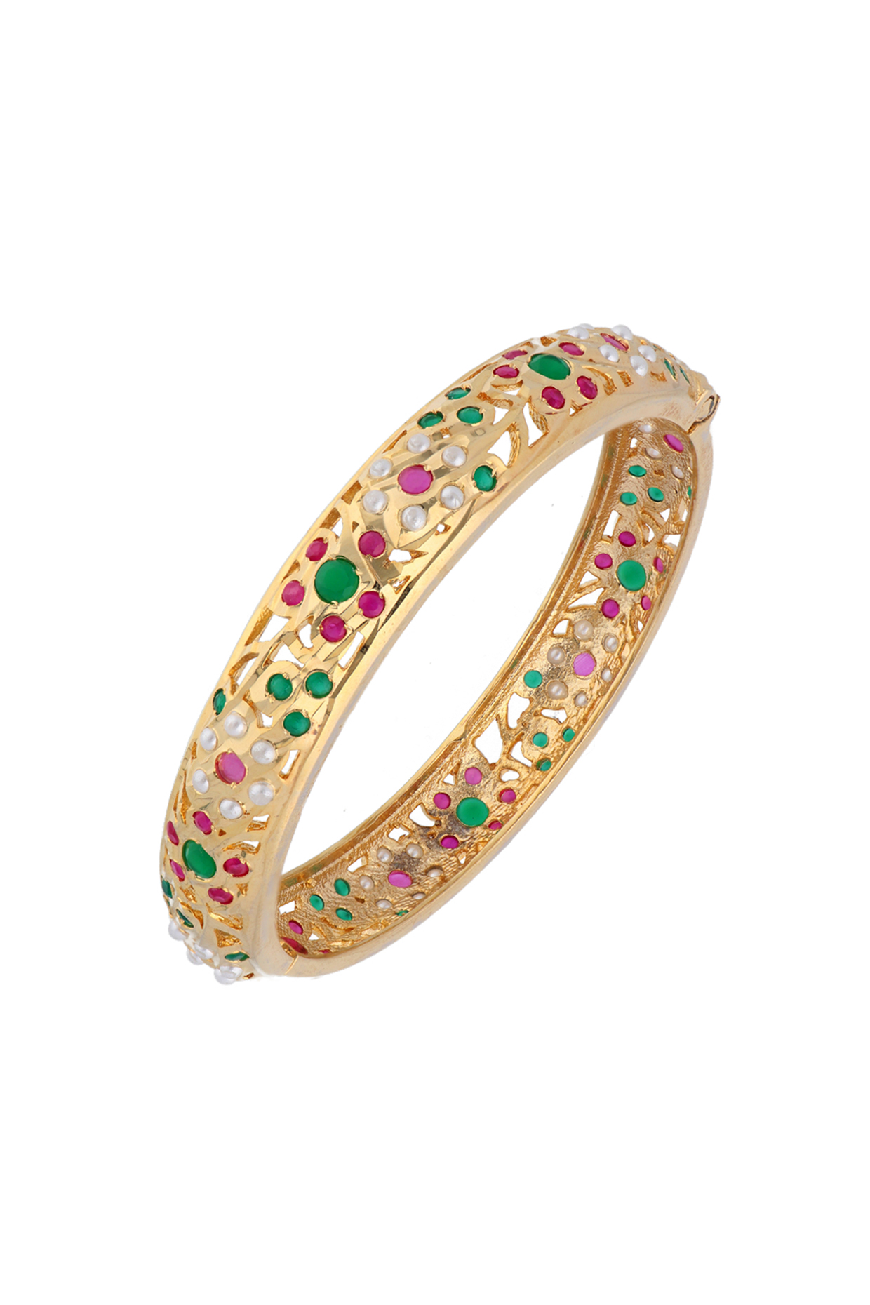 Gold Plated Multi-Colored Jadau & Faux Pearl Bangle by Curio Cottage