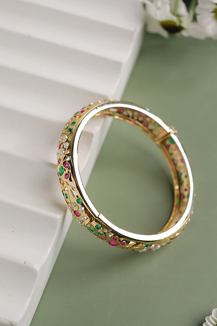 Gold Plated Multi-Colored Jadau & Faux Pearl Bangle by Curio Cottage