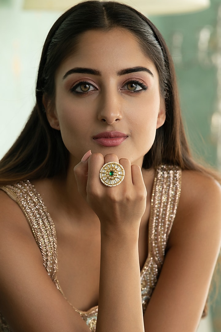Gold Finish Kundan Polki & Green Stone Dome Ring by Curio Cottage