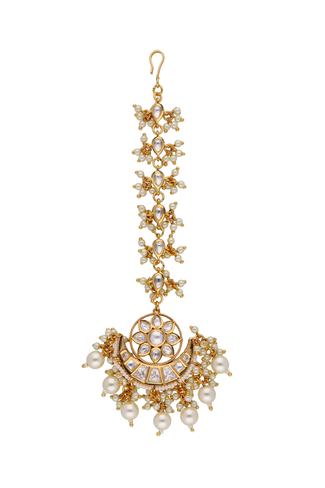 Gold Finish Kundan Polki Floral Maang Tikka by Curio Cottage