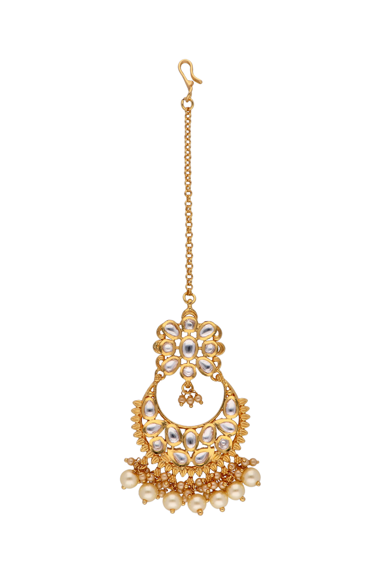 Gold Finish Kundan Polki & Pearl Chandbali Maang Tikka by Curio Cottage