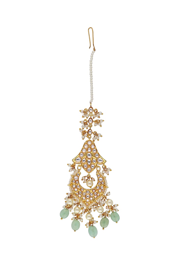Gold Finish Kundan Polki & Green Jade Stone Maang Tikka by Curio Cottage