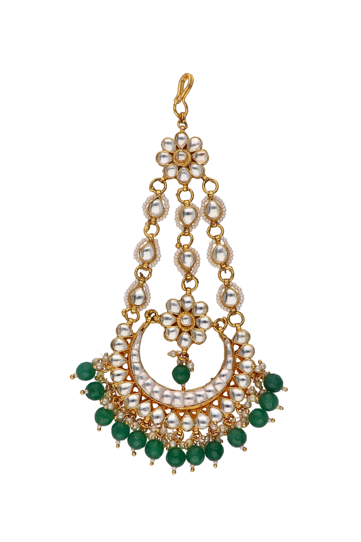 Gold Finish Kundan Polki & Green Semi-Precious Stone Pasa by Curio Cottage