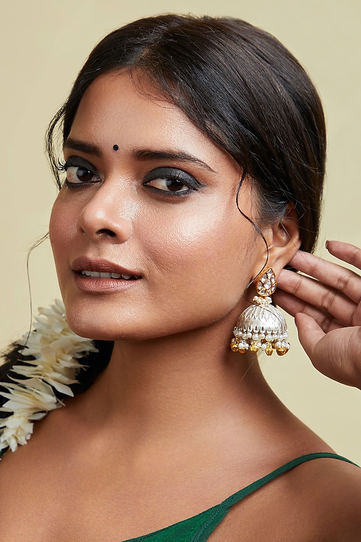 Gold Plated Kundan Polki & Pearl Jhumka Earrings by Curio Cottage at Pernia's Pop Up Shop