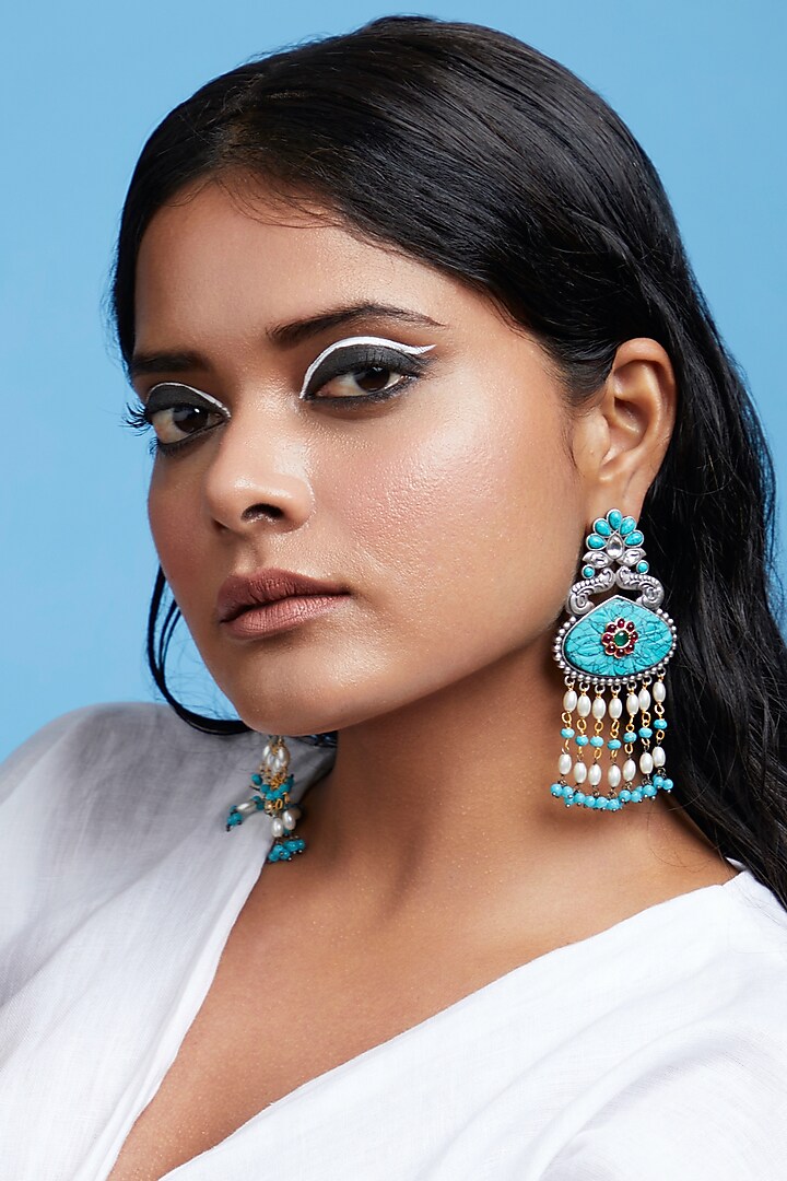 Two-Tone Finish Turquoise Semi-Precious Stone & Pearl Dangler Earrings by Curio Cottage at Pernia's Pop Up Shop