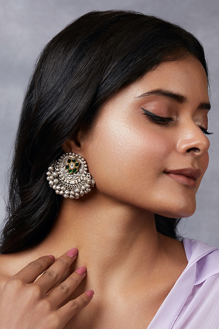 Two-Tone Finish Floral Green Stone & Ghungroo Chandbali Earrings by Curio Cottage