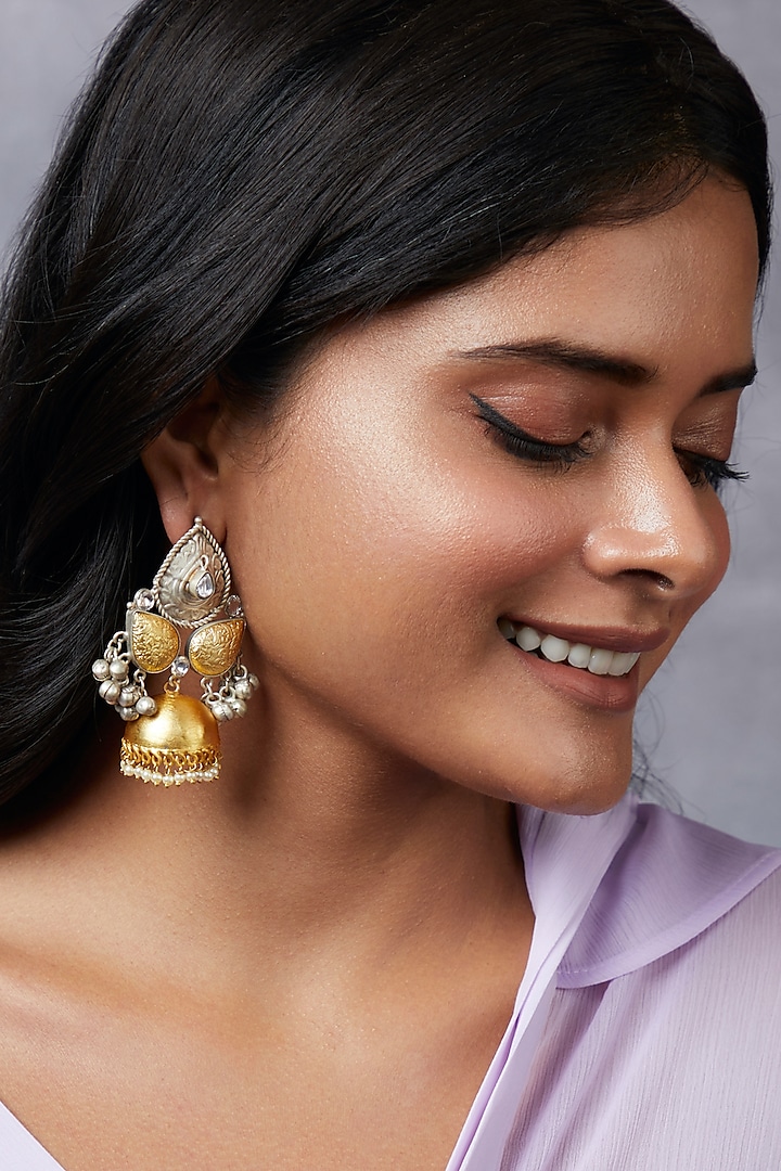 Two-Tone Finish Pearl Jhumka Earrings by Curio Cottage