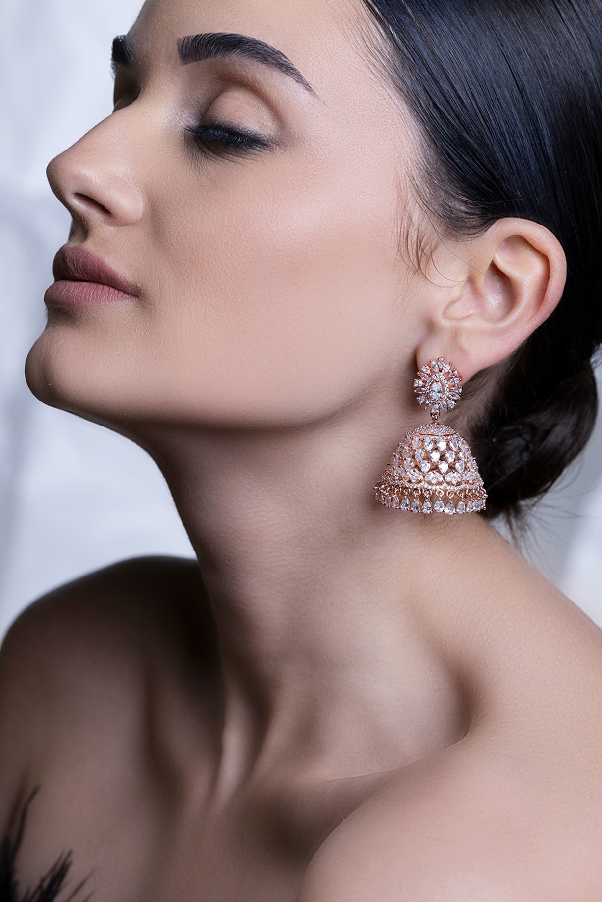 Rose Gold Finish Cubic Zirconia Jhumka Earrings by Curio Cottage