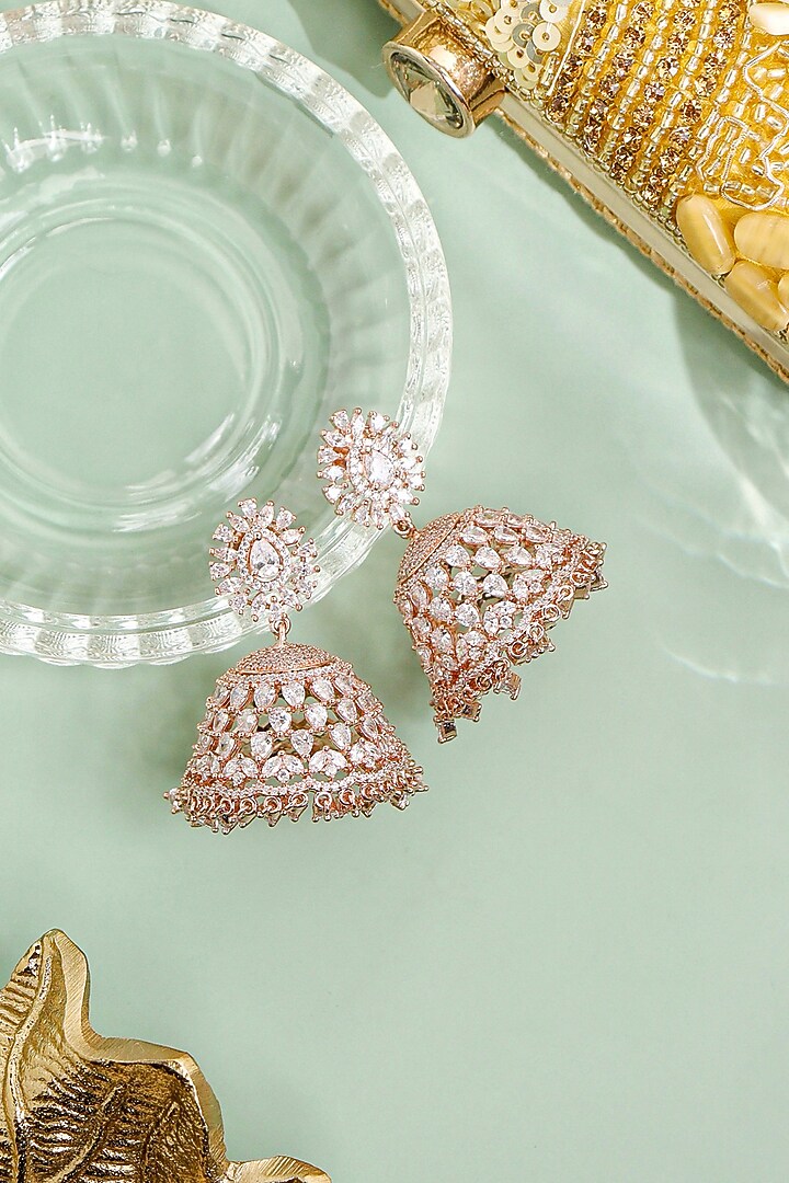 Rose Gold Finish Cubic Zirconia Jhumka Earrings by Curio Cottage at Pernia's Pop Up Shop