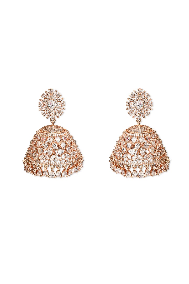 Rose Gold Finish Cubic Zirconia Jhumka Earrings by Curio Cottage at Pernia's Pop Up Shop
