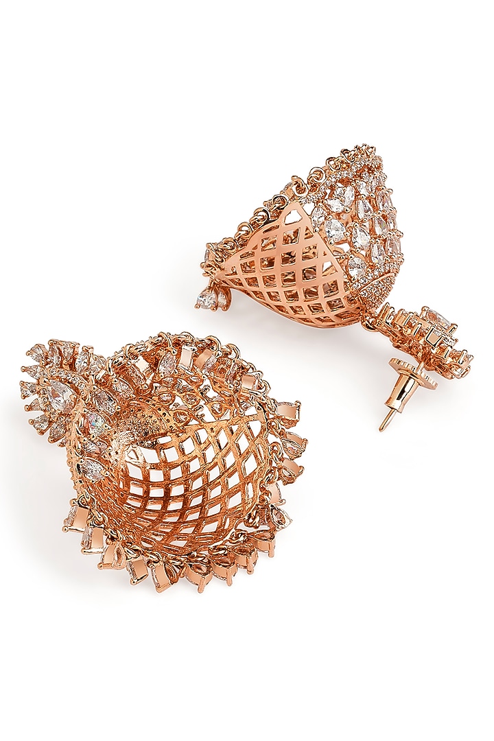 Rose Gold Finish Cubic Zirconia Jhumka Earrings by Curio Cottage at Pernia's Pop Up Shop